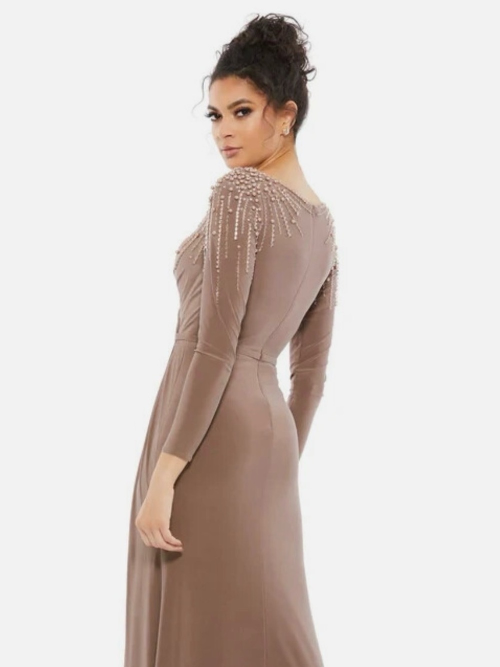 Mac Duggal Taupe Mocha Beaded Long Sleeve Maxi Gown 
Sizes available 8, 14 ,16 - Picture 5 of 8